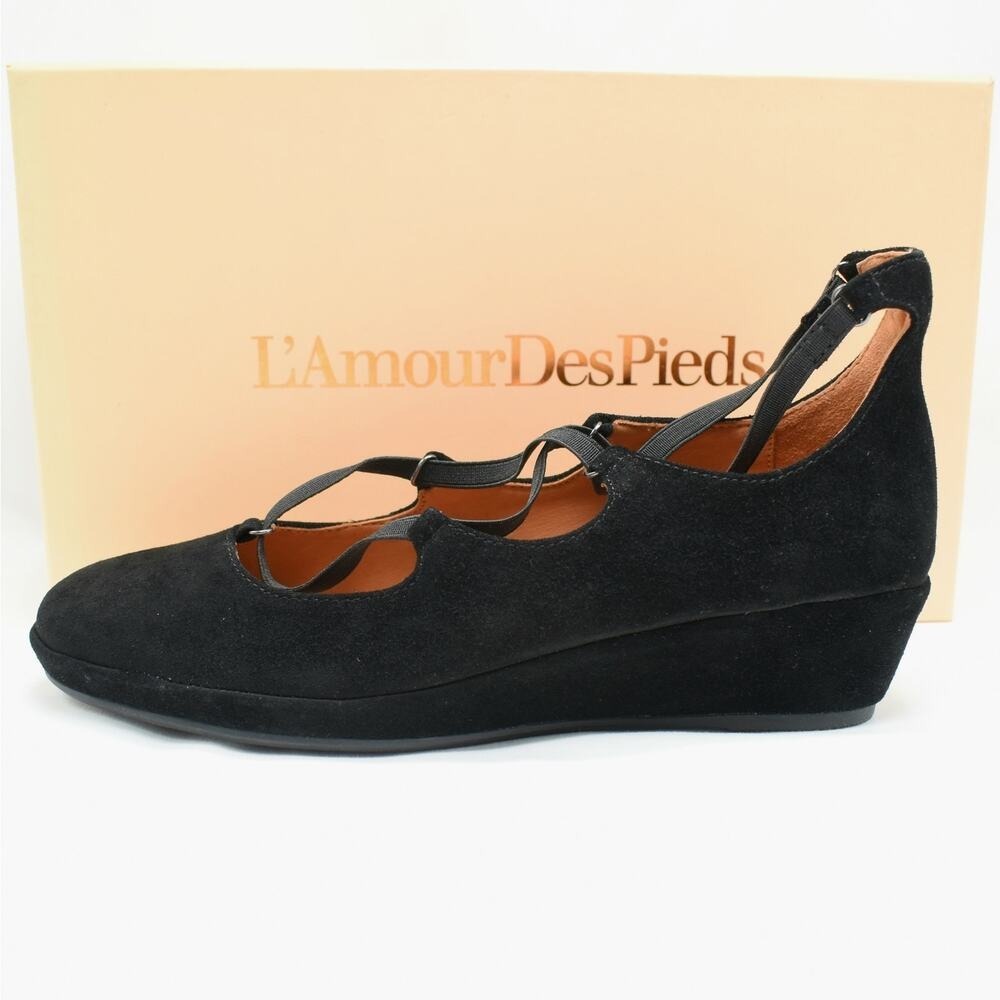 L'Amour Des Pieds Black Suede Leather Wedge Heel Shoes Womens Size 8 Dress New - Picture 6 of 16